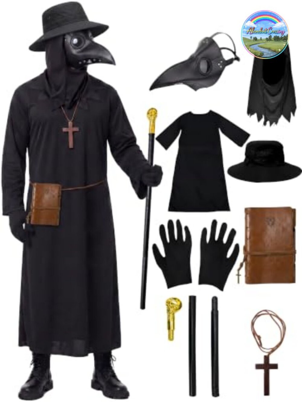 Plague Doctor Costume 8-Piece Set PU Leather Mask Robe Hat Halloween Cosplay